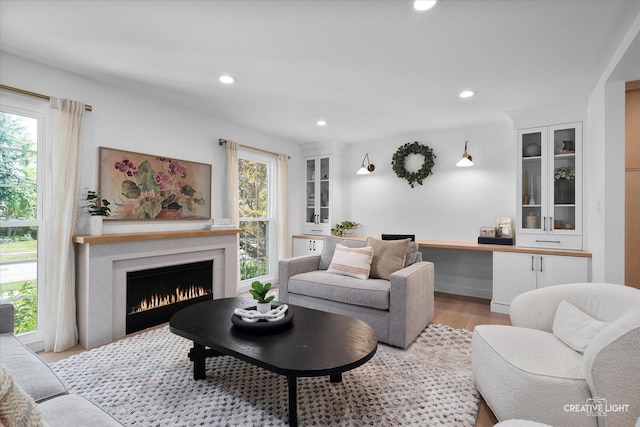 438 Hill Ave, Glen Ellyn, IL 60137 - living area featuring a lit fireplace, light wood finished floors, and recessed lighting