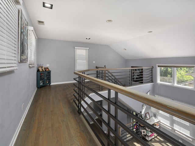 1213 Prairie Ave, Barrington, IL 60010 - corridor with an upstairs landing, wood finished floors, vaulted ceiling, and recessed lighting