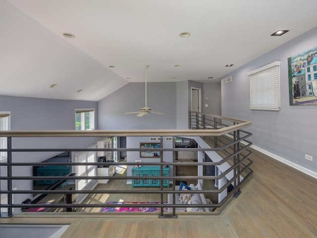 1213 Prairie Ave, Barrington, IL 60010 - stairway featuring wood finished floors, lofted ceiling, ceiling fan, and recessed lighting