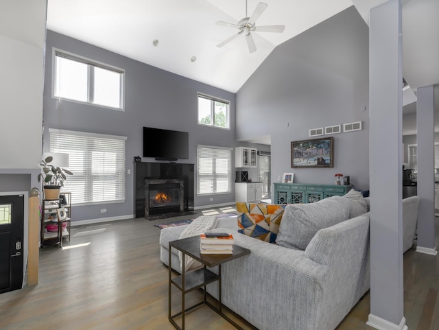 1213 Prairie Ave, Barrington, IL 60010 - living room with high vaulted ceiling, ceiling fan, a fireplace with flush hearth, wood finished floors, and plenty of natural light