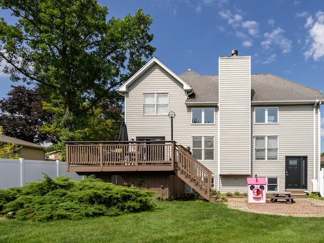 1213 Prairie Ave, Barrington, IL 60010 - back of house with a wooden deck, stairs, a chimney, a patio area, and a shingled roof