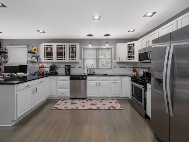 1213 Prairie Ave, Barrington, IL 60010 - kitchen with stainless steel appliances, dark countertops, tasteful backsplash, dark wood-type flooring, and recessed lighting