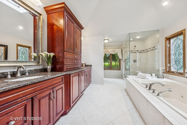 3104 Royal Fox Dr, Saint Charles, IL 60174 - full bath with a stall shower, a tub with jets, lofted ceiling, double vanity, and tile patterned flooring