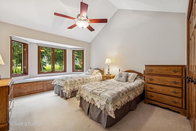 3104 Royal Fox Dr, Saint Charles, IL 60174 - bedroom featuring light carpet, high vaulted ceiling, and a ceiling fan