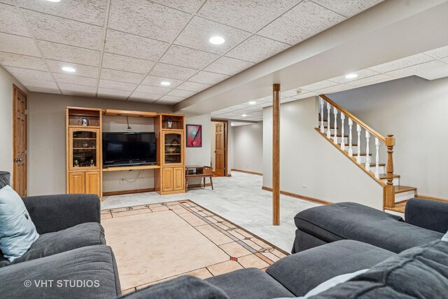 3104 Royal Fox Dr, Saint Charles, IL 60174 - living area with light carpet, recessed lighting, a drop ceiling, and stairway