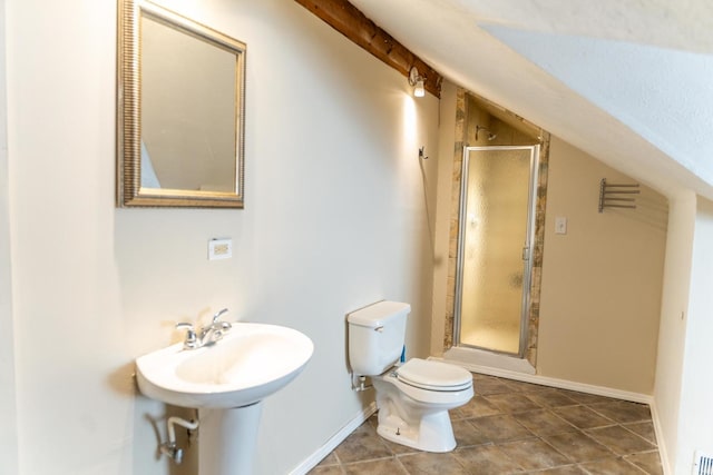 1702 E State St, Rockford, IL 61104 - bathroom featuring a shower stall, lofted ceiling, and tile patterned floors