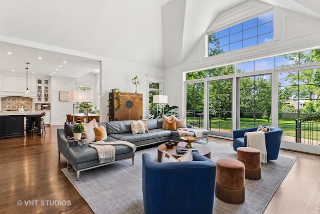 1200 Green Bay Rd, Glencoe, IL 60022 - living area featuring high vaulted ceiling, dark wood-style flooring, and recessed lighting