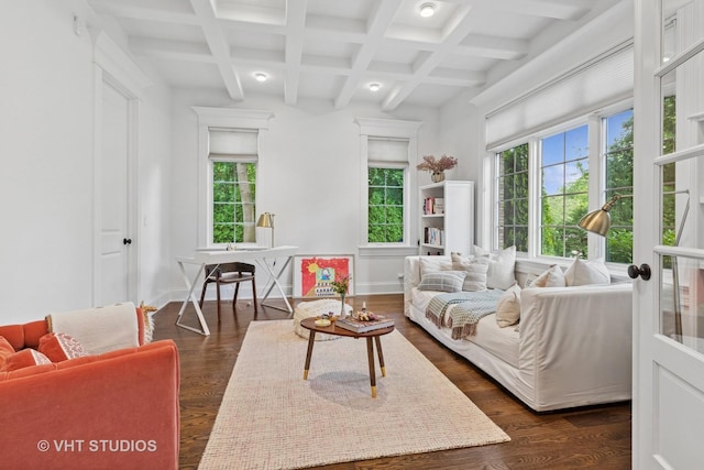1200 Green Bay Rd, Glencoe, IL 60022 - living room featuring plenty of natural light, beamed ceiling, dark wood-type flooring, and coffered ceiling