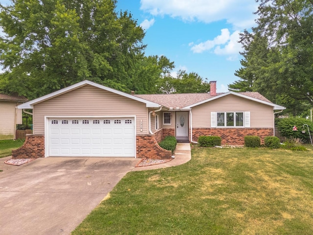 1316 Kirkwood Dr, Pontiac, IL 61764 - ranch-style house featuring brick siding, a chimney, an attached garage, concrete driveway, and a front yard