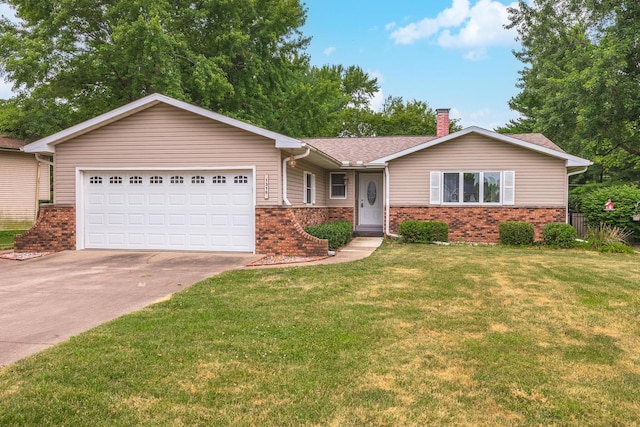 1316 Kirkwood Dr, Pontiac, IL 61764 - ranch-style house with brick siding, an attached garage, a chimney, and driveway