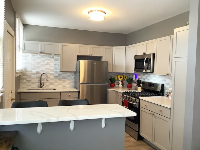 8008-8010 S Honore St, Chicago, IL 60620 - kitchen with stainless steel appliances, tasteful backsplash, light stone counters, a kitchen bar, and light wood-style flooring