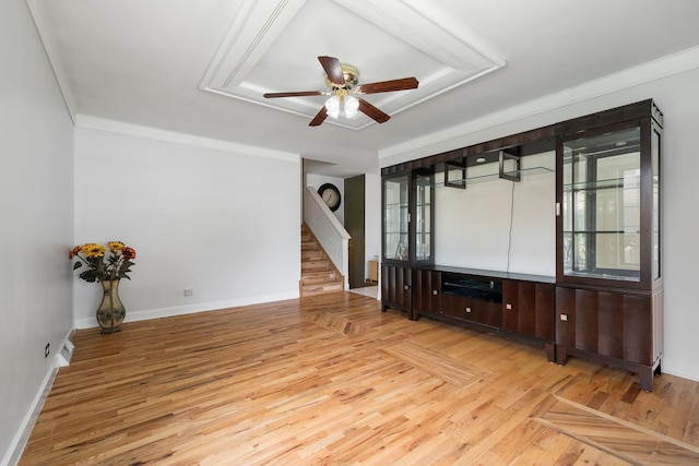 16492 Brockton Ln, Oak Forest, IL 60452 - unfurnished living room featuring ceiling fan, wood finished floors, stairs, crown molding, and a raised ceiling