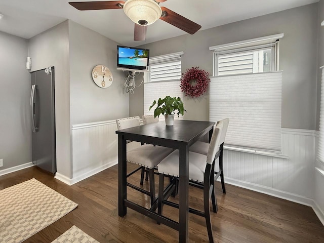 1140 S Harvey Ave, Oak Park, IL 60304 - dining room featuring wainscoting, ceiling fan, and dark wood-style flooring