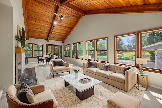 4416 Seeley Ave, Downers Grove, IL 60515 - living room featuring a wood ceiling with exposed beams, high vaulted ceiling, and ceiling fan