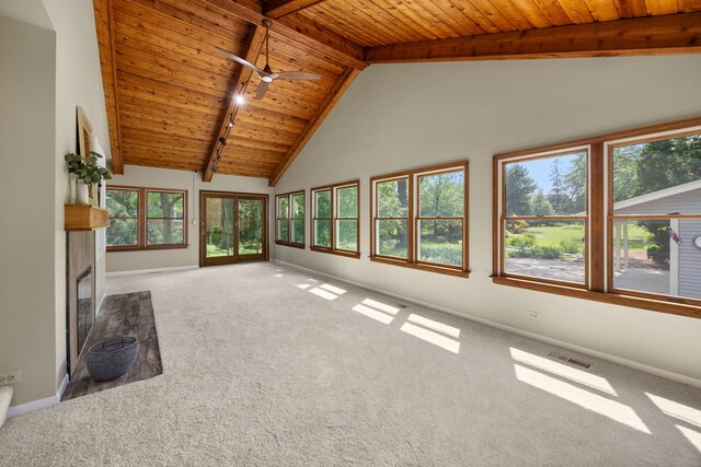 4416 Seeley Ave, Downers Grove, IL 60515 - unfurnished living room featuring a wood ceiling with exposed beams, a fireplace, carpet floors, a ceiling fan, and high vaulted ceiling