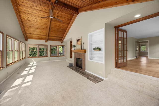 4416 Seeley Ave, Downers Grove, IL 60515 - unfurnished living room with wood ceiling, carpet, a fireplace with flush hearth, and ceiling fan