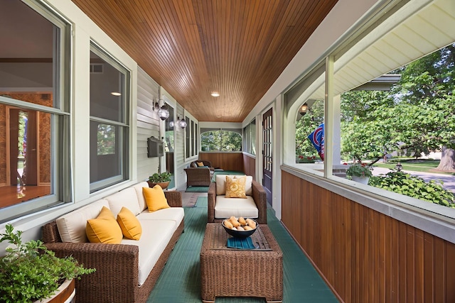 4416 Seeley Ave, Downers Grove, IL 60515 - sunroom / solarium featuring wooden ceiling, an outdoor living space, healthy amount of natural light, and wooden walls