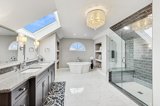 7830 W 157th St, Orland Park, IL 60462 - bathroom with marble finish flooring, double vanity, a stall shower, a soaking tub, and a skylight