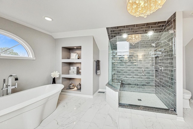 7830 W 157th St, Orland Park, IL 60462 - bathroom featuring marble finish floors, a freestanding bath, a stall shower, recessed lighting, and a chandelier