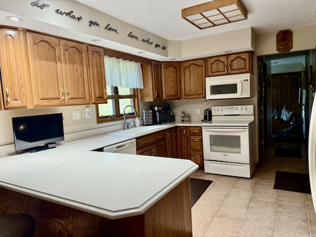 241 E Porter St, Oglesby, IL 61348 - kitchen featuring white appliances, light countertops, light tile patterned floors, and a peninsula