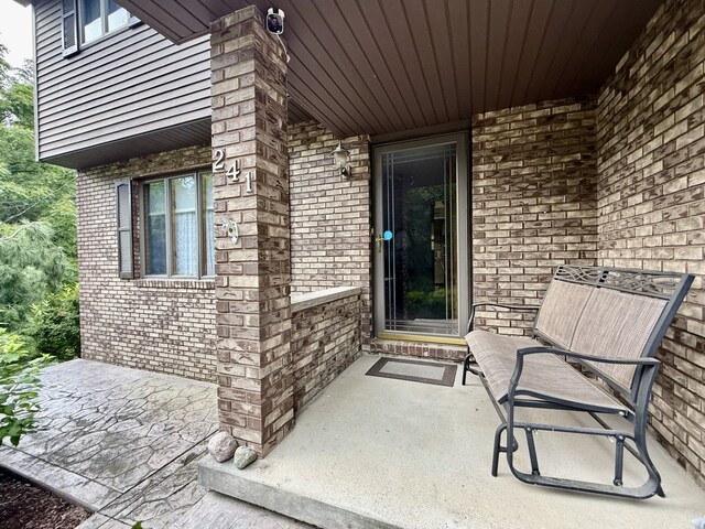 241 E Porter St, Oglesby, IL 61348 - view of exterior entry featuring brick siding, a patio area, and a surveillance system