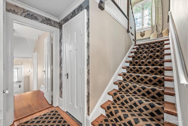 558 W Downer Pl, Aurora, IL 60506 - stairway featuring crown molding and wood finished floors