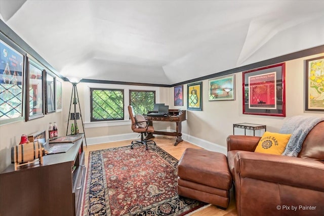 558 W Downer Pl, Aurora, IL 60506 - office area featuring light wood-style flooring and lofted ceiling