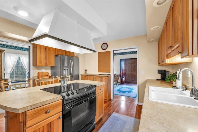13809 Pine Rd, Dewitt, IL 61735 - kitchen with electric range, stainless steel fridge with ice dispenser, dark wood-style flooring, light countertops, and premium range hood