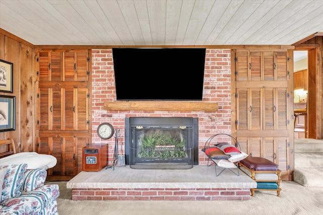 13809 Pine Rd, Dewitt, IL 61735 - carpeted living area featuring wood walls, a brick fireplace, and wooden ceiling