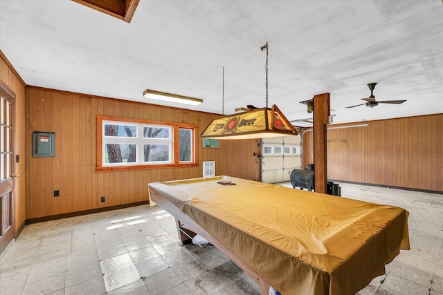 13809 Pine Rd, Dewitt, IL 61735 - game room with pool table, wood walls, electric panel, and ceiling fan