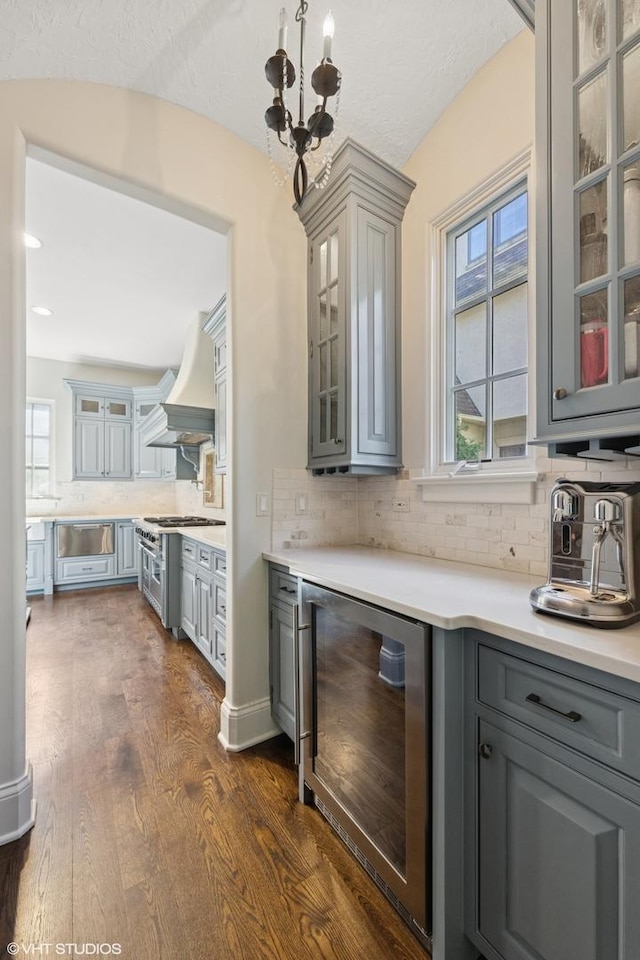 437 N County Line Rd, Hinsdale, IL 60521 - bar with beverage cooler, custom exhaust hood, dark wood-style floors, decorative backsplash, and stainless steel stove