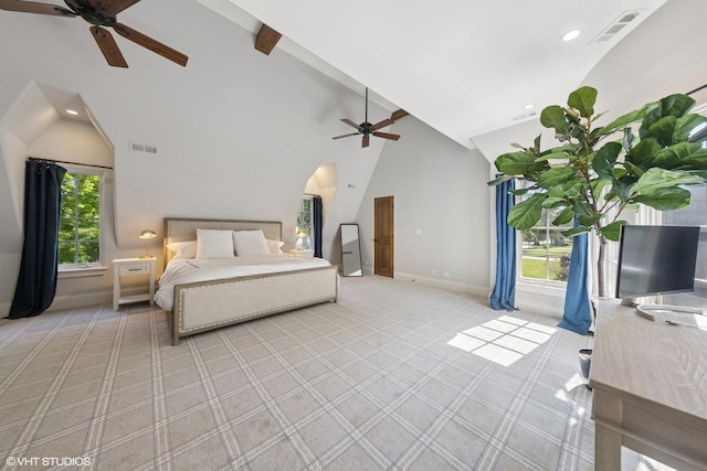 437 N County Line Rd, Hinsdale, IL 60521 - bedroom featuring high vaulted ceiling, multiple windows, light carpet, recessed lighting, and ceiling fan