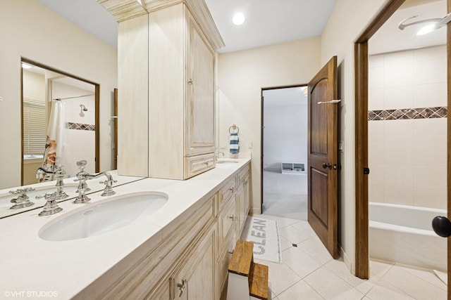 437 N County Line Rd, Hinsdale, IL 60521 - bathroom with tile patterned floors, double vanity, and shower / bath combo