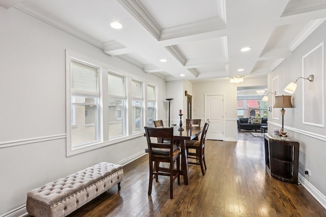 8120 S Luella Ave, Chicago, IL 60617 - dining room featuring coffered ceiling, dark wood-style floors, beamed ceiling, crown molding, and recessed lighting