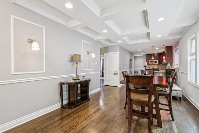 8120 S Luella Ave, Chicago, IL 60617 - dining space featuring coffered ceiling, dark wood-style flooring, recessed lighting, beam ceiling, and ornamental molding