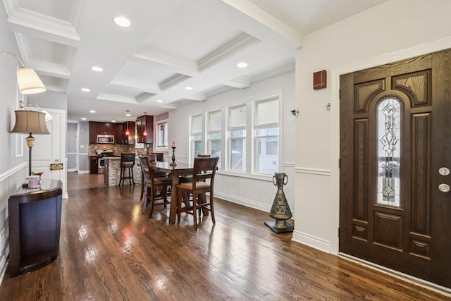 8120 S Luella Ave, Chicago, IL 60617 - dining area featuring coffered ceiling, healthy amount of natural light, beamed ceiling, dark wood-type flooring, and recessed lighting