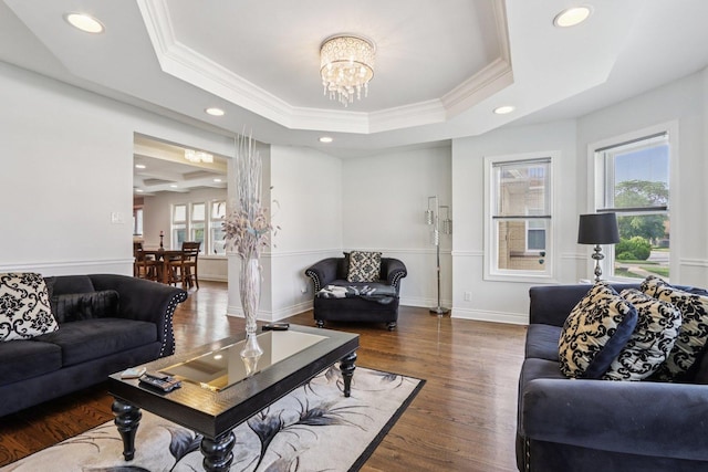 8120 S Luella Ave, Chicago, IL 60617 - living room featuring a raised ceiling, ornamental molding, a chandelier, recessed lighting, and wood finished floors