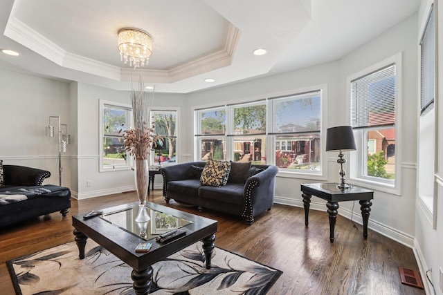 8120 S Luella Ave, Chicago, IL 60617 - living area with a raised ceiling, crown molding, healthy amount of natural light, a chandelier, and wood finished floors
