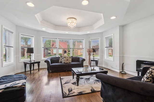 8120 S Luella Ave, Chicago, IL 60617 - living area with a raised ceiling, ornamental molding, a chandelier, wood finished floors, and recessed lighting