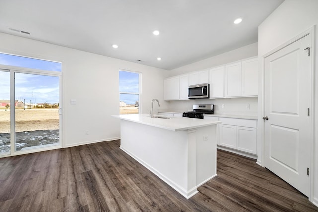 994 Garnet Ln, Montgomery, IL 60538 - kitchen with stainless steel microwave, gas stove, dark wood-style floors, plenty of natural light, and recessed lighting