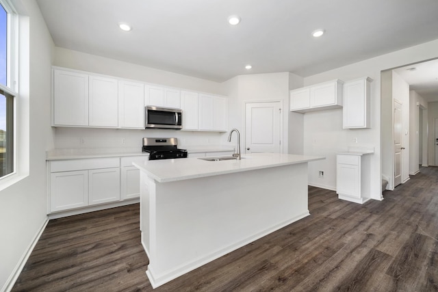 994 Garnet Ln, Montgomery, IL 60538 - kitchen with stainless steel appliances, dark wood-style floors, white cabinets, and recessed lighting