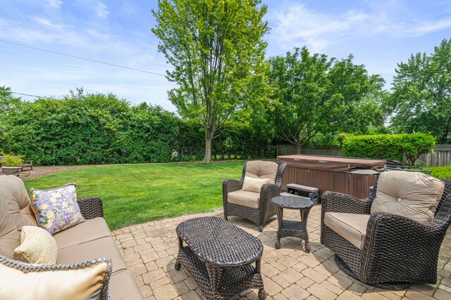 3550 Sorrel Dr, Northbrook, IL 60062 - fenced backyard with a hot tub, a patio, and view of scattered trees