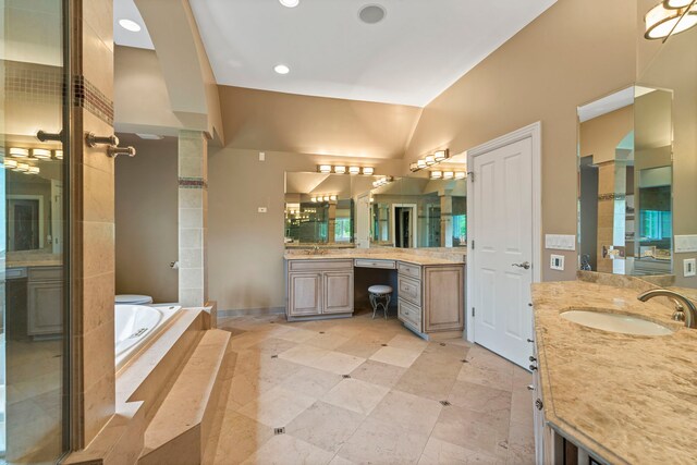 3550 Sorrel Dr, Northbrook, IL 60062 - full bathroom with a bath, two vanities, recessed lighting, a shower, and vaulted ceiling