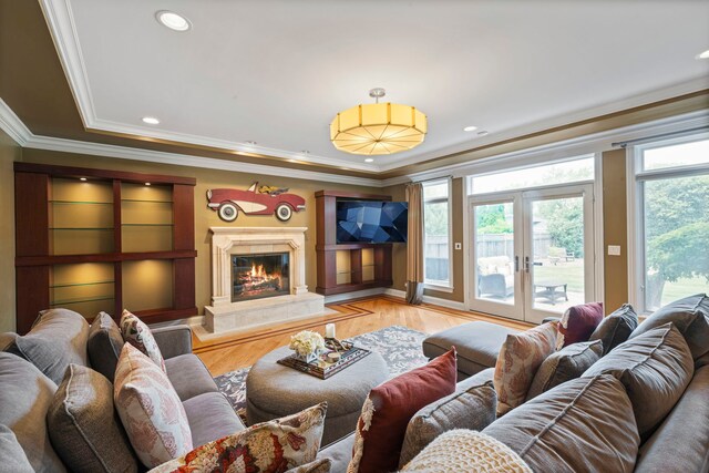 3550 Sorrel Dr, Northbrook, IL 60062 - living room featuring light wood-style flooring, a high end fireplace, french doors, and ornamental molding