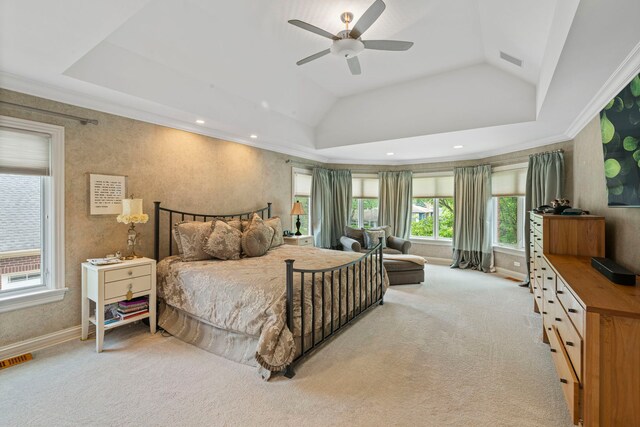 3550 Sorrel Dr, Northbrook, IL 60062 - carpeted bedroom with a raised ceiling, crown molding, a ceiling fan, and recessed lighting