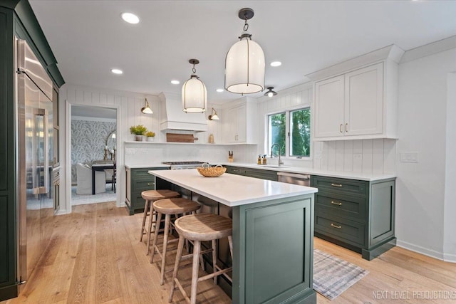 1412 Sherwood Ln, Geneva, IL 60134 - kitchen featuring green cabinets, light countertops, appliances with stainless steel finishes, open shelves, and recessed lighting
