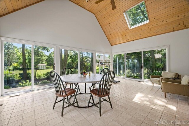 1412 Sherwood Ln, Geneva, IL 60134 - sunroom with high vaulted ceiling, a skylight, wood ceiling, and plenty of natural light