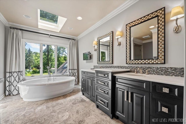 1412 Sherwood Ln, Geneva, IL 60134 - full bath with a skylight, crown molding, vanity, a soaking tub, and decorative backsplash