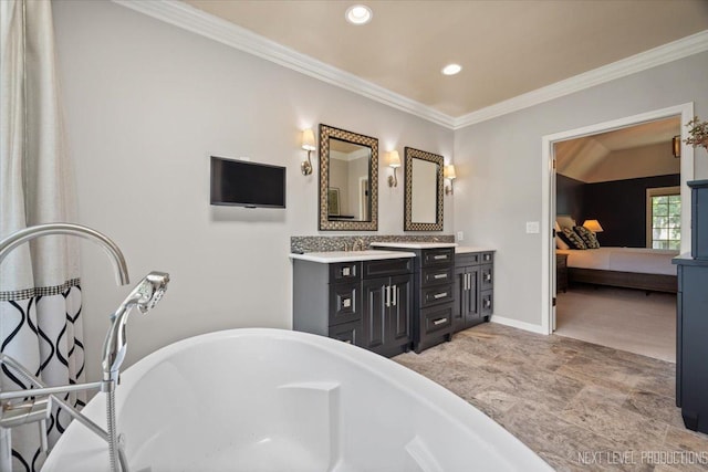 1412 Sherwood Ln, Geneva, IL 60134 - bathroom featuring ensuite bathroom, double vanity, a soaking tub, crown molding, and recessed lighting