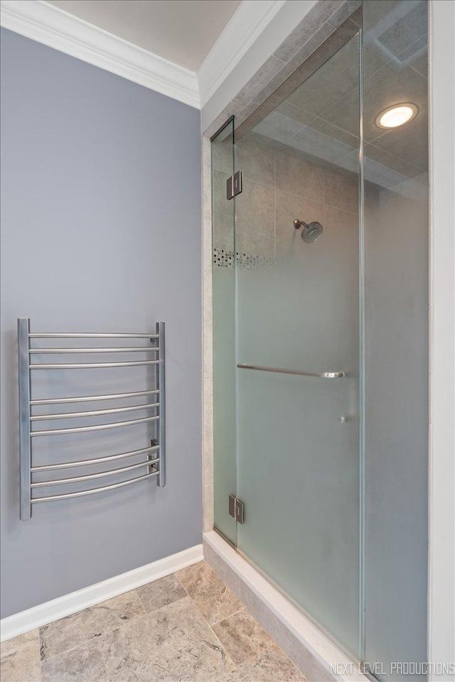 1412 Sherwood Ln, Geneva, IL 60134 - full bath with radiator, crown molding, a towel warmer, and a stall shower